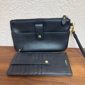 Lodis Combo Set Olivia Italian Black Pebbled Leather Zipper Wristlet & Wallet